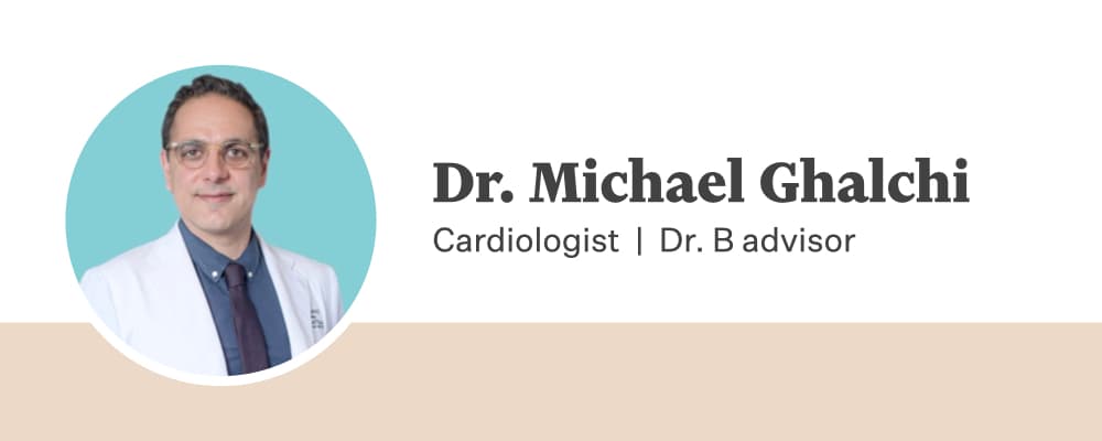 A banner with the words Dr. Michael Ghalchi, Cardiologist, Dr. B Adviser and a photo of Dr. Ghalchi, a white man with short dark hair wearing a blue button down shirt, black tie and white lab coat