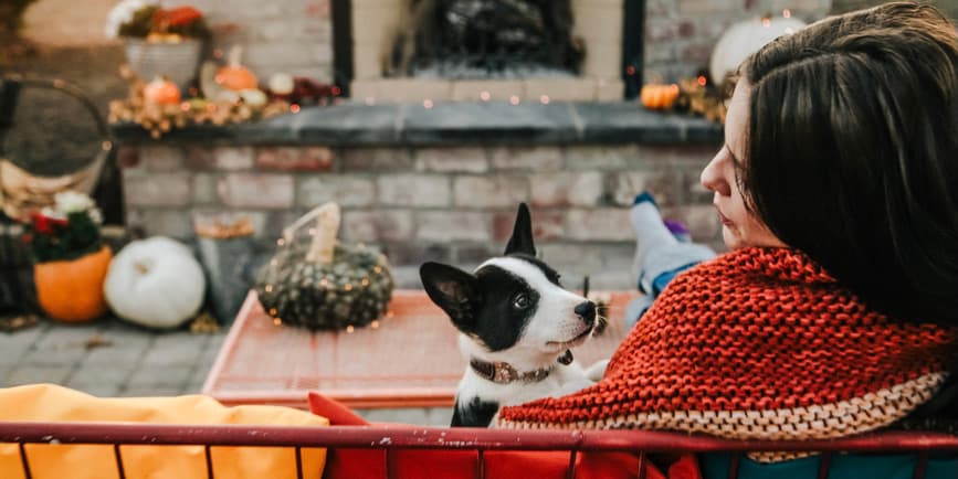 A color outdoor photograph of a white woman with brown hair wrapped in a colorful blanket looking into the face of a black-and-white puppy next to her while they sit in front of a pumpkin-adorned outdoor fireplace.