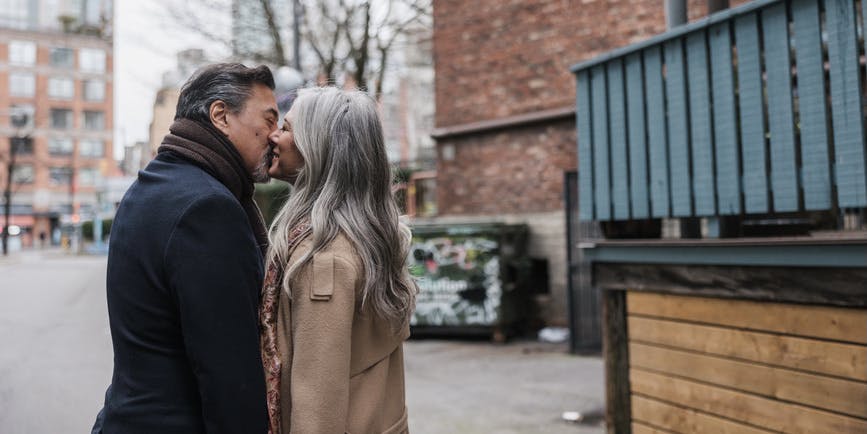 Happy couple enjoying life together in the city in winter