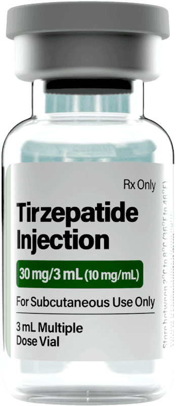 Vial de tirzepatida inyectable recetada de 10 mg/ml. La etiqueta dice: Solo para uso subcutáneo.